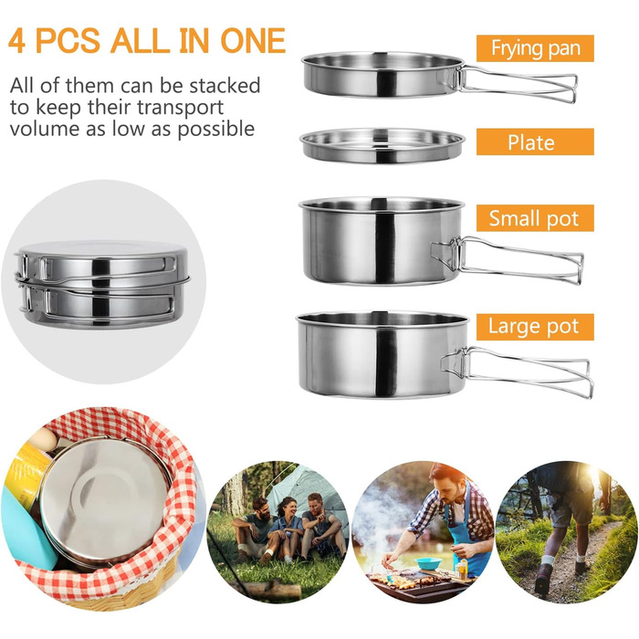 Набір посуду Lixada для кемпінгу, 4 предмети, нержавіюча сталь, компактний складаний посуд для пікніка, приготування їжі в походах та кемпінгу