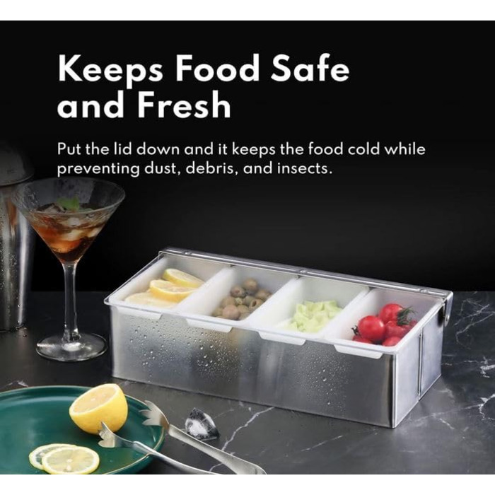 Контейнер для інгредієнтів Cocktail7 з нержавіючої сталі, 4 відділення, прозора пластикова кришка та знімні контейнери, барні аксесуари