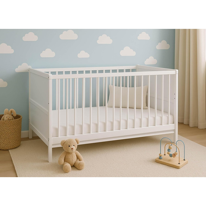 Дитяче ліжко Nelly 120x60 см Дитяче ліжко Біле Букове дерево Регульована висота у 2 напрямках 3 знімні перекладини Сертифіковано EN 716