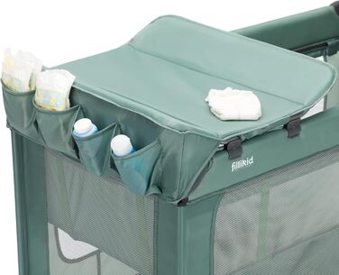 Дорожнє ліжечко Fillikid Capri від народження - 15 кг з регульованим вкладишем, 2 колесами, входом, пеленальний килимок, лоток для підгузків, мобільний телефон та сумка для перенесення - зелений