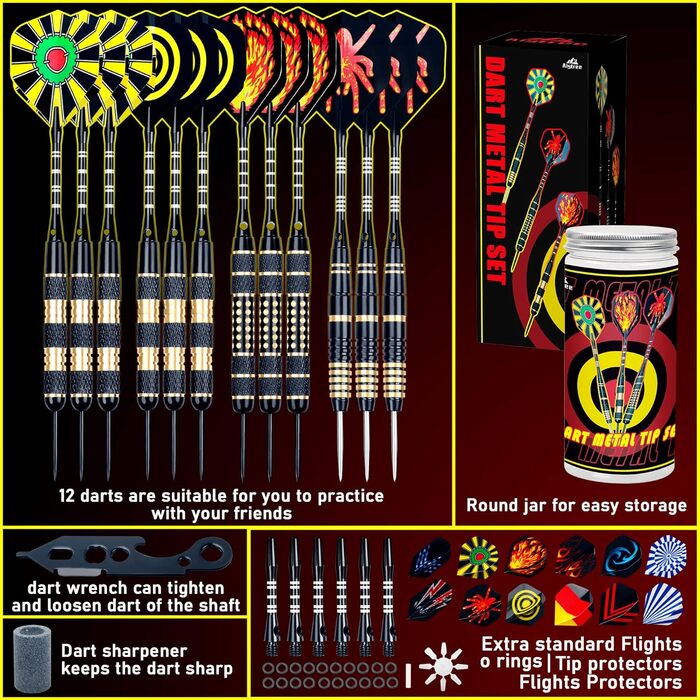 Набір дротиків Alyoen з 12 предметів з металевим наконечником, професійні дротики вагою 20/24/26 грамів, набори дротиків з алюмінієвими стрижнями, стрілки, точилка, захисні накладки, гумові кільця ущільнювачів та універсальний інструмент для дротиків