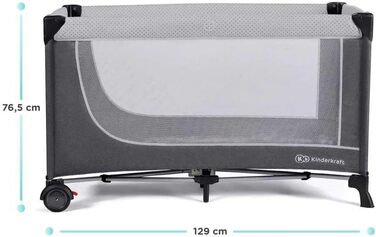 Дитяче ліжечко Kinderkraft LEODY зі спальним місцем 120 x 60 см, регульоване по висоті, з колесами, швидко та легко складається та розкладається, забезпечує циркуляцію повітря, легко транспортується з сумкою для перенесення, сірого кольору.