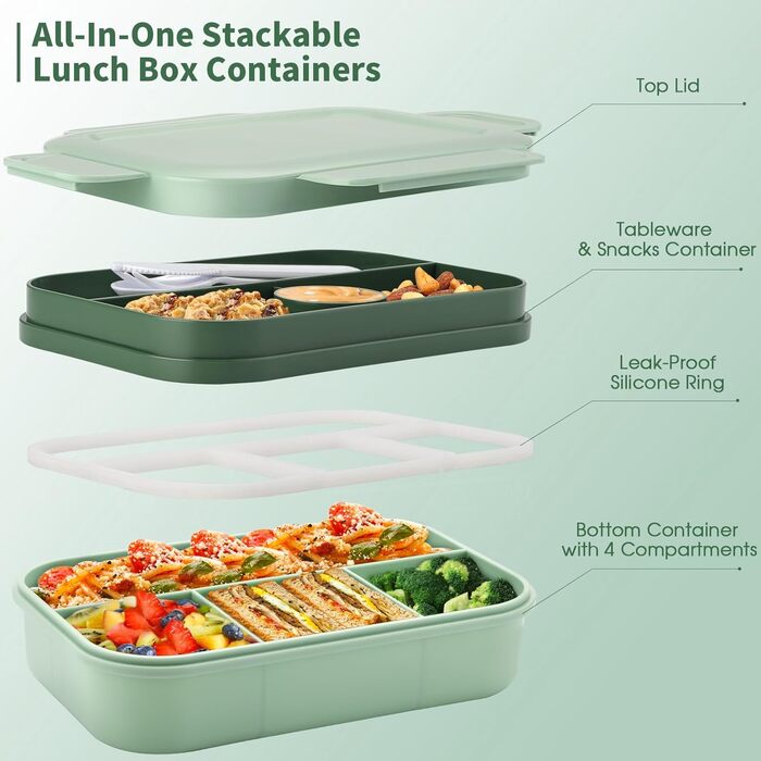 Ланчбокс для дорослих Sinnsally, 2000 мл, з роздільними відсіками, набір з контейнерами для бенто та столовими приборами, контейнер для перекусу, коробка для сніданку, герметичний контейнер для їжі, зелений