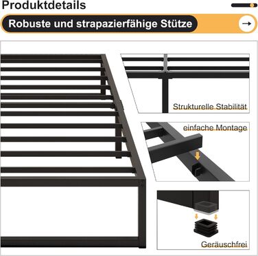 Металеве ліжко 120x200 см, висота 41 см, великий простір для зберігання речей під ліжком, металевий каркас двоспального ліжка зі сталевою рейковою опорою, легке складання, безшумне, не матрац-ліжко, чорний колір 120x200 см
