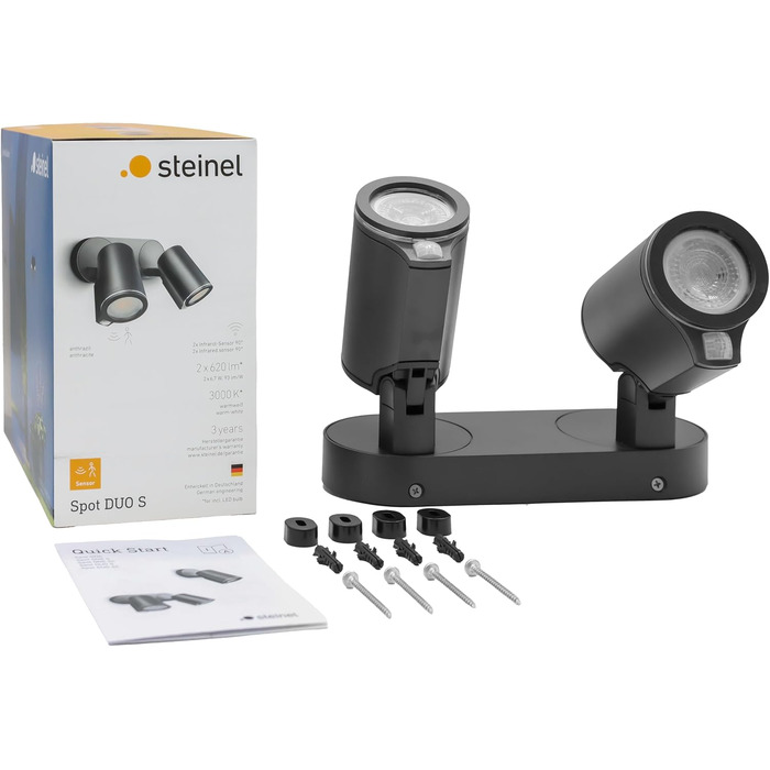 Світильник-прожектор Steinel LED Spot DUO S, антрацит, датчик руху 90, з LED-лампою GU10, можливість кабельного з'єднання, алюміній, 14,95 Вт, ручне керування