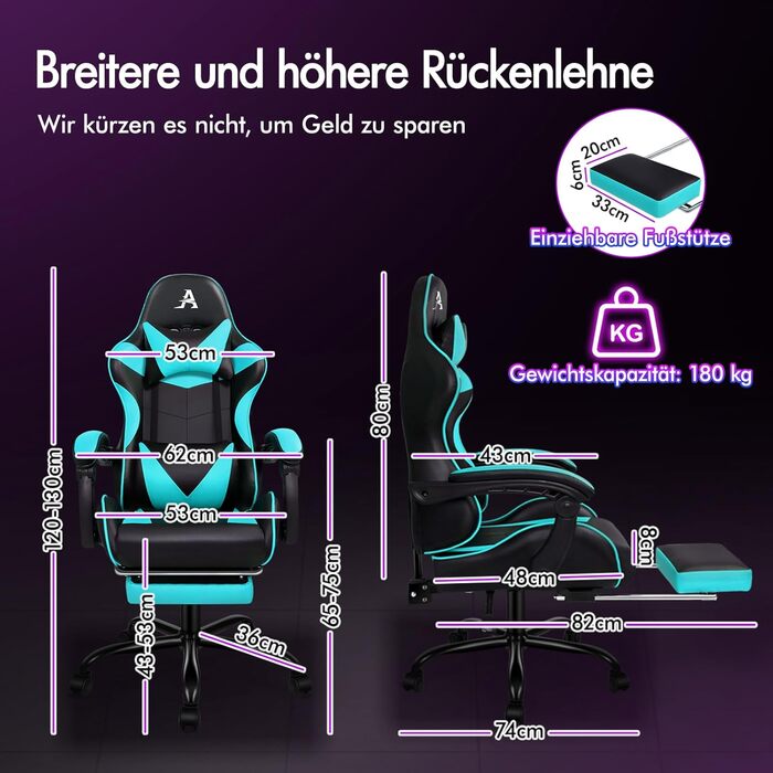 Офісне крісло ALFORDSON з масажем, ігрове крісло, ергономічне ігрове крісло з підставкою для ніг, масажна подушка для попереку з підставкою для ніг, обертове крісло, вантажопідйомність 180 кг, блакитний колір