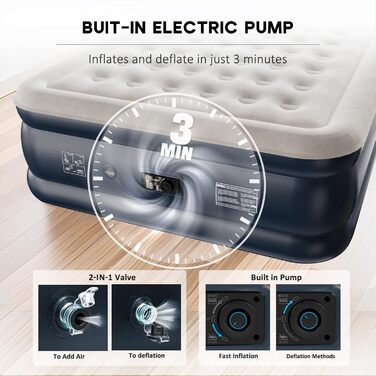 Надувний матрац NALONE для 2 осіб, самонадувальний матрац із вбудованим насосом, 203x152x46 см, надувається за 3 хвилини, надувний матрац для кемпінгу та домашнього використання