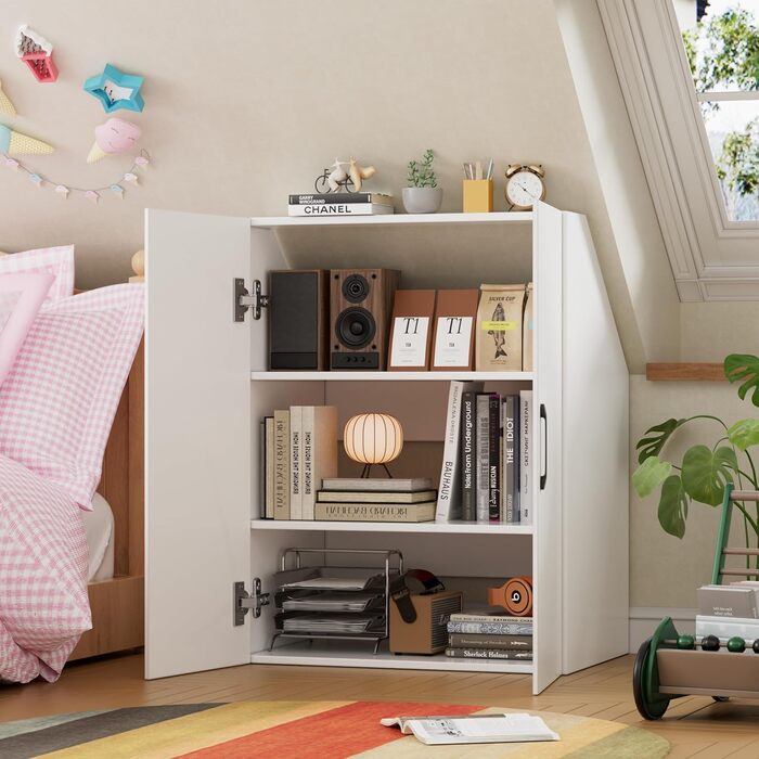 Похила стельова полиця MSFE з 2 дверима, 100x80x51,5 см, шафа для похилих стін у спальнях на горищі, біла дерев&39яна книжкова полиця, 4-рівнева полиця для похилих стель (2 двері)