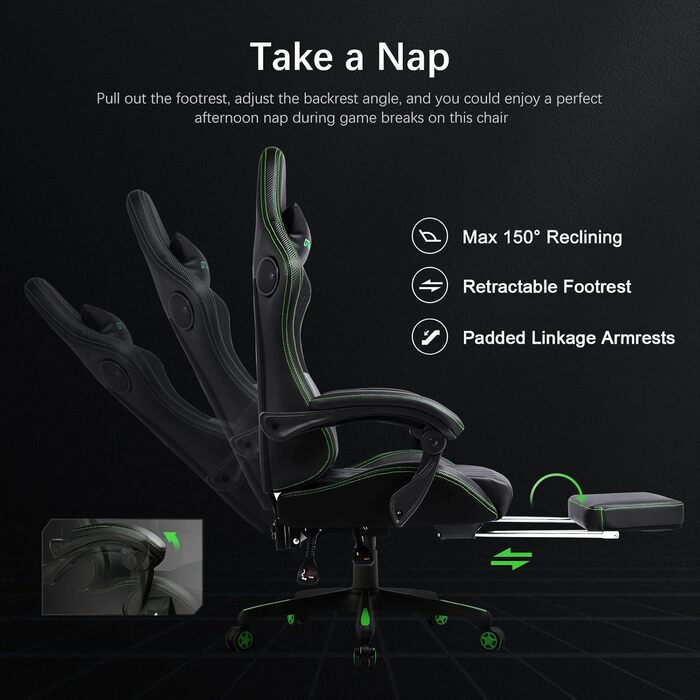 Ігрове крісло GTPLAYER, ергономічне ігрове крісло, стілець для роботи, гоночне крісло для ПК з підставкою для ніг, динаміки, музика, офісне крісло, витримує до 150 кг, зелений