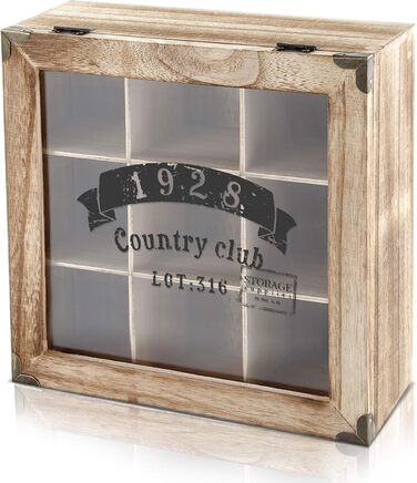 Дерев'яна коробка для чаю Oramics Vintage Look '1928 Country Club з 6 або 9 відділеннями, чайна коробка, чайна коробка, включаючи електронну книгу (9 відділень)