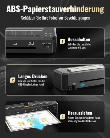 Ламінатор для паперу формату A3, A4, A5, A6 та A7 з різаком для паперу Закруглені кути Ламінувальні пакети на 15 аркушів, захист від застрягання з ABS-пластику Робота в гарячому та холодному режимі Розумний захист Ламінатори для дому, школи та офісу Чорни