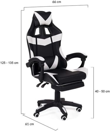 Регульоване ігрове крісло Alex з підніжкою, подушками для голови та попереку, чорно-біле