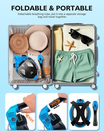 Маска для підводного плавання VGKE для дорослих, панорамний вид HD на 180 градусів, маска для дайвінгу з водонепроникною кишенею для телефону, захист від протікання та запотівання, вільно дихає, підходить для чоловіків/жінок, синя, розмір L-XL