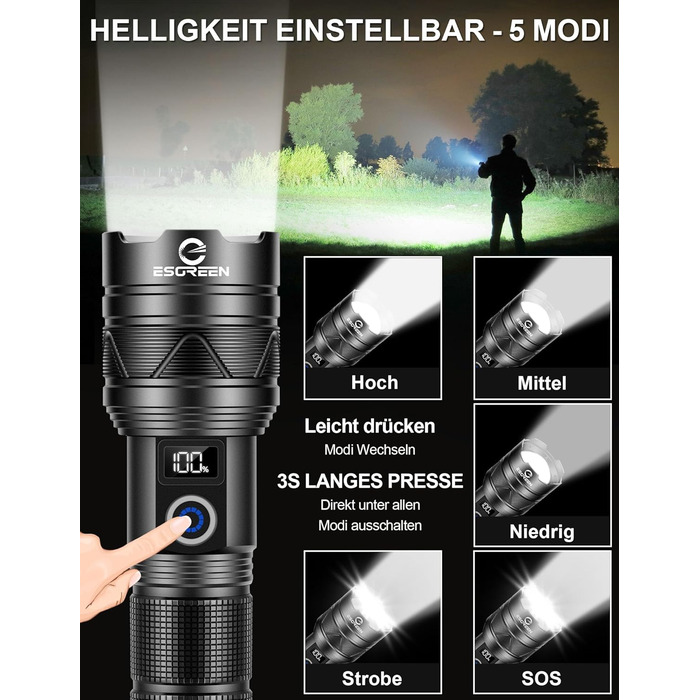 Світлодіодний ліхтарик Esgreen надзвичайно яскравий 500000 люменів далекого радіусу дії, акумуляторний тактичний ліхтарик USB C з ємним акумулятором, 5 режимами масштабування, великий ліхтарик для безпеки кемпінгу, 32,0 Вт-години