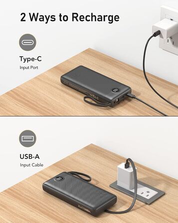 З кабелем VEEKTOMX Powerbank USB C Портативний зарядний пристрій 5 виходів Світлодіодний дисплей Зовнішній акумулятор для мобільних телефонів Сумісний з iPhone, Samsung, Huawei, Xiaomi і т.д. (20000 мАг - чорний), 20000mAh Powerbank