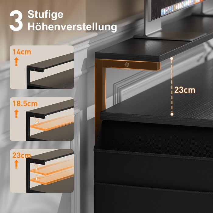Письмовий стіл, комп&39ютерний стіл зі світлодіодним підсвічуванням та підставкою для монітора, ПК-стіл з 2 полицями та сумкою для зберігання для кабінету та спальні, 100 x 48 x 74 см, міцний металевий каркас, чорний.