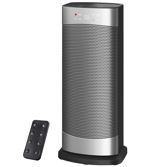 Енергозберігаючий електричний вентилятор-обігрівач, 1500 Вт з термостатом, коливальний електричний нагрівальний елемент 70, керамічний нагрівач PTC, тиха робота, режим ECO, 24-годинний таймер, захист від перегріву та перекидання, 41 см, сріблястий