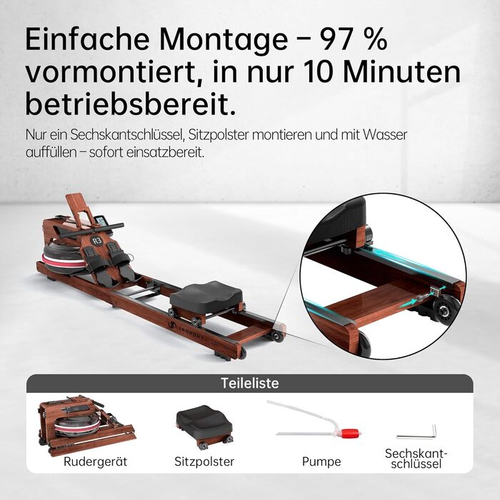 Складаний гребний тренажер R3 з дуба, з РК-дисплеєм з підтримкою Bluetooth, сумісний з Kinomap, резервуар для води 28 л, вантажопідйомність до 150 кг, ергономічне сидіння, регульований тримач для планшета Sapeli