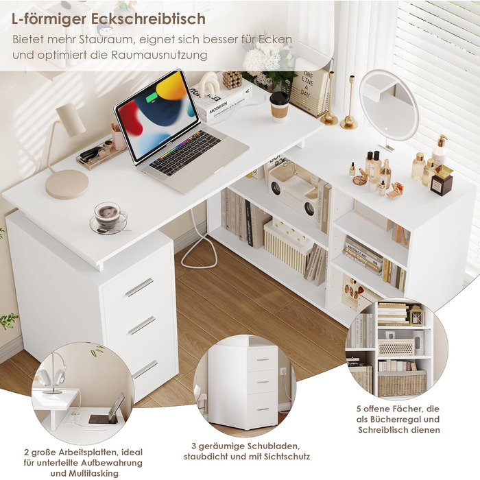 Кутовий письмовий стіл FirFurd з подовжувачем, L-подібний комп&39ютерний стіл з книжковою полицею та шухлядами, кутовий стіл з місцем для зберігання, ПК-стіл для навчання/домашнього офісу, 129 x 104 x 76 см, білий