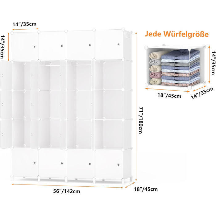 Шафа HOMIDEC, Портативна система полиць, Пластикова шафа на 20 кубів з 2 рейками для одягу, Шафа для спальні, Біла, 180 x 142 x 45 см, 20 кубів, Повністю біла