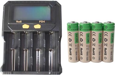 Універсальний зарядний пристрій для літій-іонних (Li-ion) та нікель-металгідридних (Ni-MH) акумуляторів - функція тестування акумулятора - РК-дисплей, USB-кабель - додатково батарейки (вкл. 4 шт. AA/Mignon)