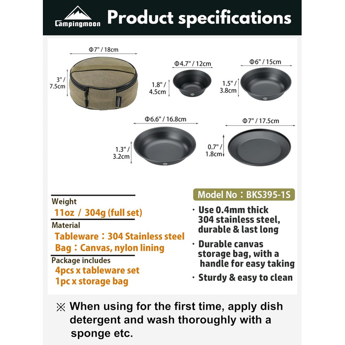 Набір посуду для кемпінгу CAMPINGMOON, нержавіюча сталь, тарілки, миски, штабельовані, посуд для активного відпочинку, сумка з тканини, для кемпінгу, піших прогулянок, пікніків (4 предмети, чорний колір з титановим покриттям)
