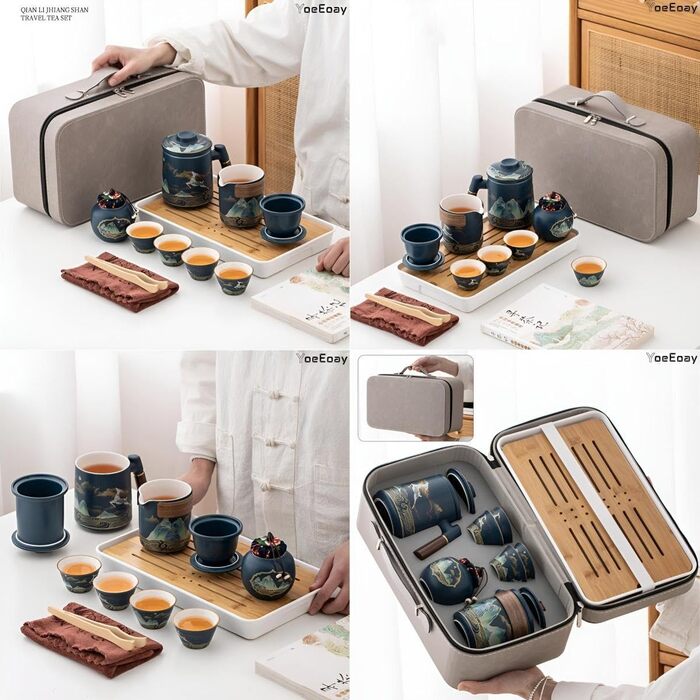 Порцеляновий набір для чайної церемонії Гунфу, 13 предметів, дорожній, портативний та практичний набір для чаювання для дорослих, у сірому шкіряному чохлі - ідеально підходить для поціновувачів чайної культури та проведення чайних церемоній