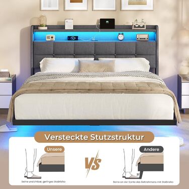 М&39яке ліжко 140x200 см, Каркас двоспального ліжка, Каркас ліжка зі світлодіодним освітленням та зарядною станцією, Каркас ліжка з узголів&39ям, Плаваючий каркас ліжка, Металеве ліжко, Льняне, Темно-сірий (без матраца) 140 x 200 см Темно-сірий