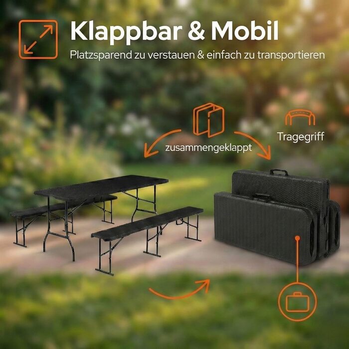Складаний пивний садовий набір ALBATROS, 3 предмети Міцний розкладний стіл (300 кг) та 2 пивні лавки (500 кг) Комплект пивних столів на 10 осіб Стіл для кемпінгу на вулиці Пивний стіл 182 см Комплект садових меблів