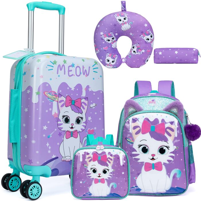 Дитячий набір валіз та рюкзака Кішечка (5 предметів) - валіза-каталка, ручна поклажа, дорожній набір, твердий корпус для дівчаток