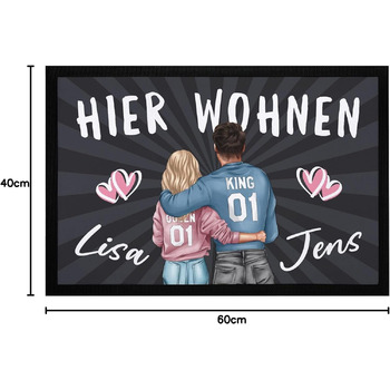 Персоналізований килимок для пар, &quotТут живемо&quot з іменами та серцем, подарунок для пар, партнерів, нековзний та миється, чорний, 60x40 см, килимок для партнера, чорний