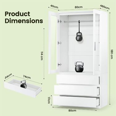 Дводверна шафа Dripex, маленька шафа з однією рейкою для одягу та 3 шухлядами 80 x 48 x 180 см Біла, мінімалістична гардеробна-шафа для спальні, дводверна 80 x 48 x 180 см