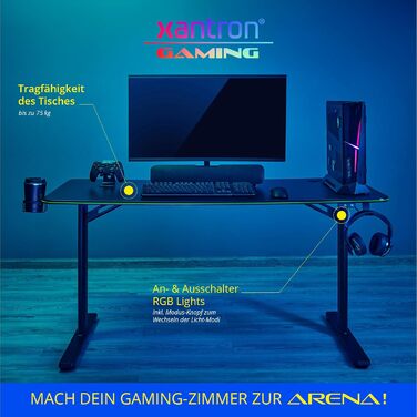 Ігровий стіл Xantron зі світлодіодним атласом 3 регульовані RGB-ефекти 136x60x75 см, чорний, з органайзером для кабелів, тримачем для чашки та тримачем для гарнітури
