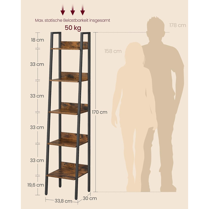 Книжкова полиця VASAGLE, драбина, 5 ярусів, вузька полиця, відкрита окремостояча полиця для кабінету, вітальні, спальні, кухні, промисловий дизайн, вінтажний коричневий-чорний LLS109B01 Вінтажний коричневий чорний 5 полиць (30 x 33,8 x 170 см)