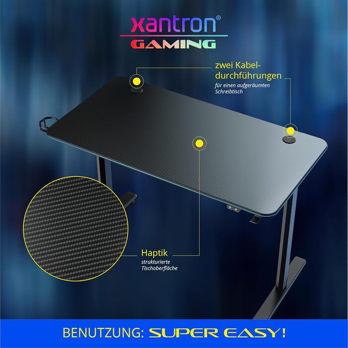 Ігровий стіл Xantron зі світлодіодним атласом 3 регульовані RGB-ефекти 136x60x75 см, чорний, з органайзером для кабелів, тримачем для чашки та тримачем для гарнітури