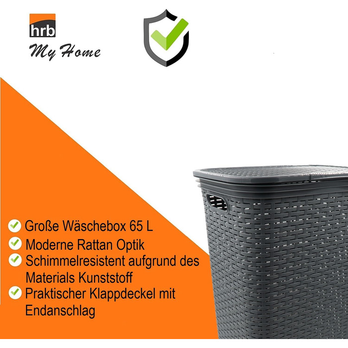 Кошик для білизни з кришкою з ротанга, пластиковий для зберігання білизни, сортувальник для білизни (65 л - квадратний, антрацит)