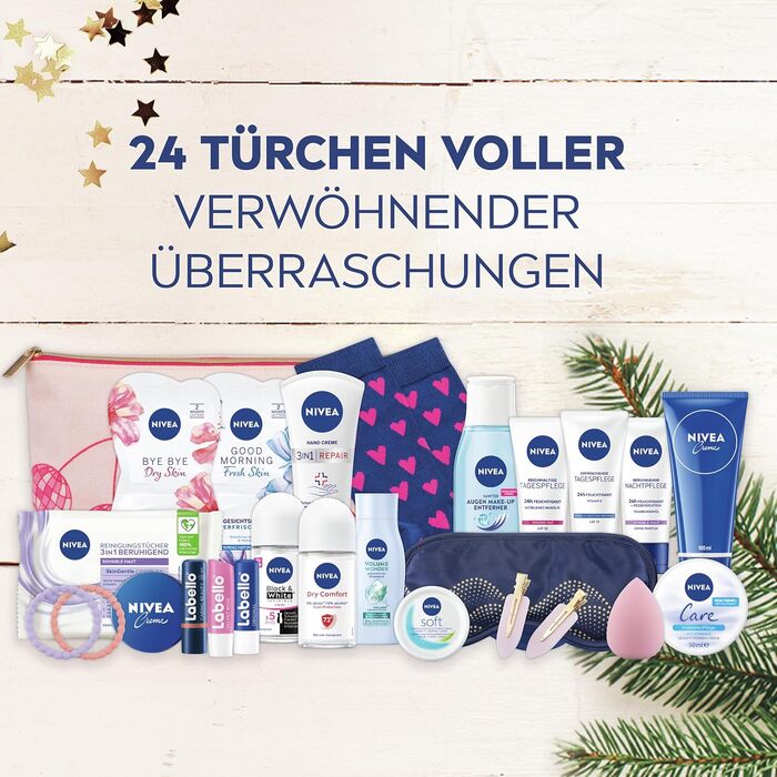 Різдвяний календар NIVEA 2025 24 дверцята з приємними сюрпризами, різдвяний календар із засобами догляду, набір засобів догляду на період Різдва, продукти NIVEA та Labello