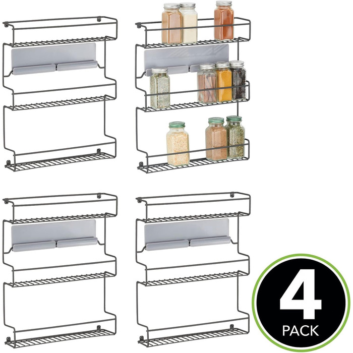 Набір кухонних полиць mDesign із 4 предметів Самоклеюча настінна підставка для спецій з 3 ярусами Ідеально підходить як підставка для спецій на кухні та в коморі Матово-чорна