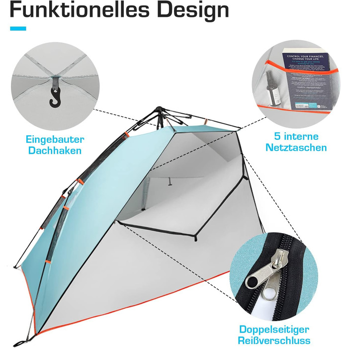 Розкішний пляжний намет Active Era із захистом від ультрафіолету SPF 50, водовідштовхувальний пляжний намет XXL, просте встановлення, намет на 5 осіб, ідеальний вітрозахисний захист для пляжу, саду та кемпінгу, невеликий розмір у упаковці - синій