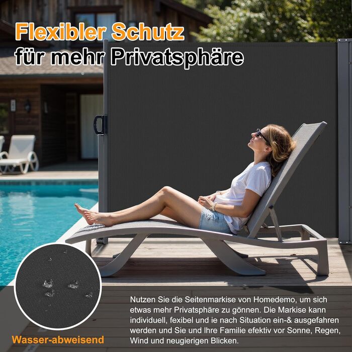 Розсувний бічний тент, 160 x 30020 см Антрацит, Сонячний тент із екраном для приватності, Вітрозахист, Водонепроникний бічний висувний тент, Бічна рулонна штора для балкону, тераси, саду, Ш320 x В160 см Антрацит