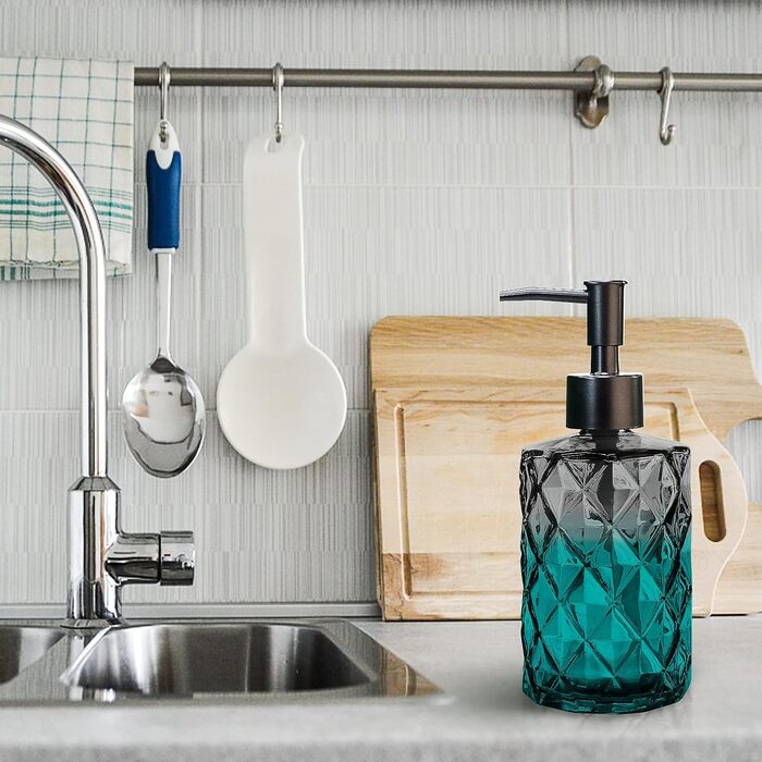 Дозатор мила Topsky 330 мл скляний, для ванної, пластиковий насос, для рідини для миття посуду, рідкого мила (чорний)