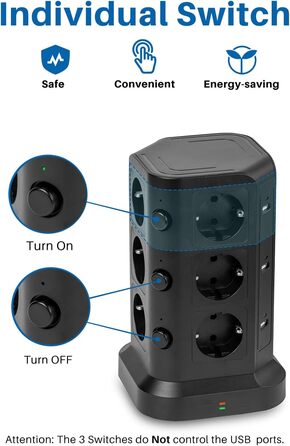 Шляховий подовжувач (4000 Вт/16А), 6 USB-розеток із захистом від перенапруги, індивідуально перемикається розетка для офісного кух