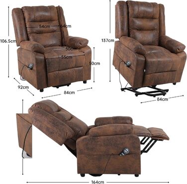 Електричне крісло-реклайнер для телевізора з підйомником, масажне крісло з функцією підігріву, функцією нахилу спинки, пульт дистанційного керування, регульоване, функція сну та підставка для ніг, до 220 кг, коричнева флокована шкіра