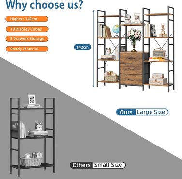 Книжкова полиця 100Ш x 142В см з 4 тканинними шухлядами, окремостояча книжкова полиця, кухонна полиця для вітальні, офісу, балкону, кубічна книжкова полиця, кухонна полиця для зберігання, книжкова шафа, індустріальний дерев&39яний стиль, 4 рівні - 100 см,