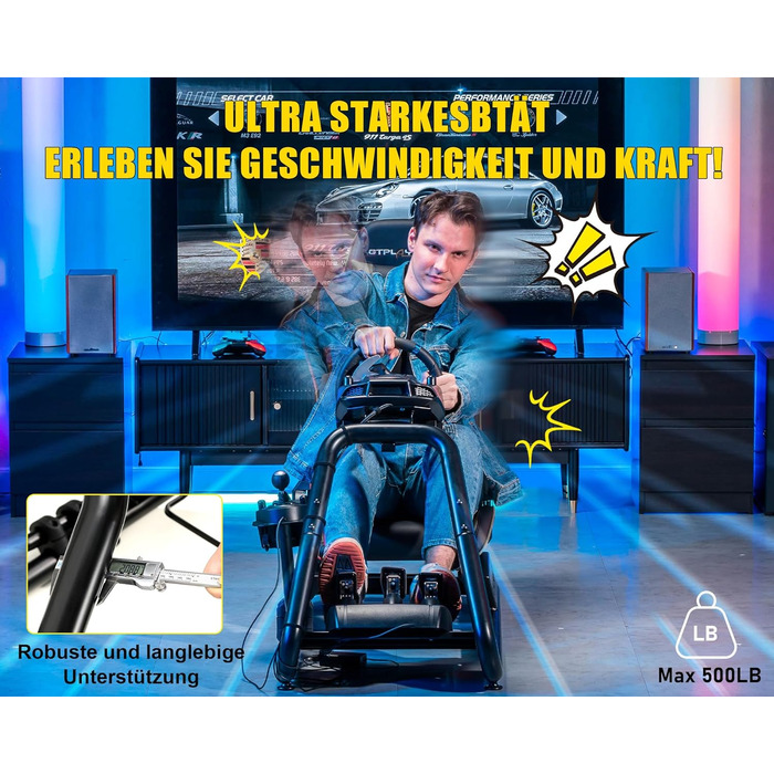 Підставка для керма для симулятора гонок з динаміками, кермом та лотком для педалей, чорний