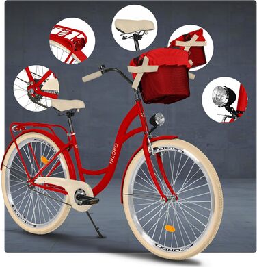 Комфортний міський велосипед з кошиком, вінтажний жіночий голландський велосипед, 28 дюймів, червоний, 1 швидкість
