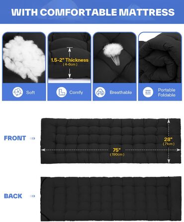 Розкладне ліжко Sportneer з матрацом, ширина 71 см, вантажопідйомність 204 кг, гостьове ліжко, туристичне ліжко, похідне ліжко з сумкою для зберігання для дорослих, для вулиці, в приміщенні, саду, кемпінгу, подорожей, 188 см 71 см 37 см, чорнийчорний