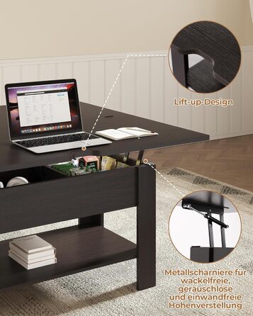 Журнальний столик з регульованою висотою, багатофункціональний стіл для вітальні 3-в-1, журнальний столик, приховане місце для зберігання, відкрите відділення, можна використовувати як обідній стіл, для вітальні, офісу, чорно-коричневий