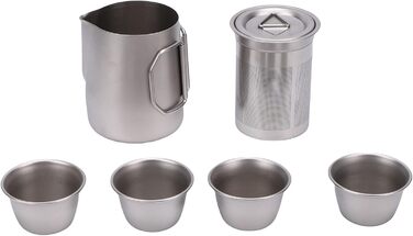 Чайний набір з нержавіючої сталі для подорожей, включає чайник з ситечком, 4 чашки та зручну сумку для зберігання. Ідеально підходить для кемпінгу та походів.