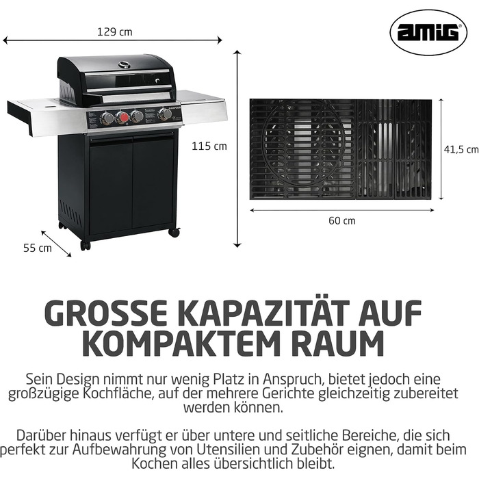 Газовий гриль Amig Fireplus XL GRILL-2 4F (129 x 55 x 115 см) чавунна решітка (60 x 41,5 см), термометр, бічна полиця, нижня шафа та колеса з гальмами, чорний